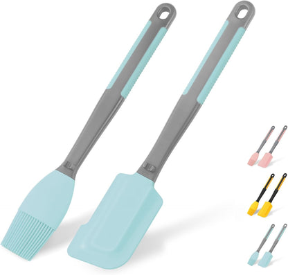 Extra Long Pastry Brush - Silicone Spatula - Basting Brush+Spatula Silicone Heat Resistant,for Baking Scraping Mixing BBQ Grill Kitchen Cooking Spread Oil Butter Sauce (Pink Brush+Spatula)