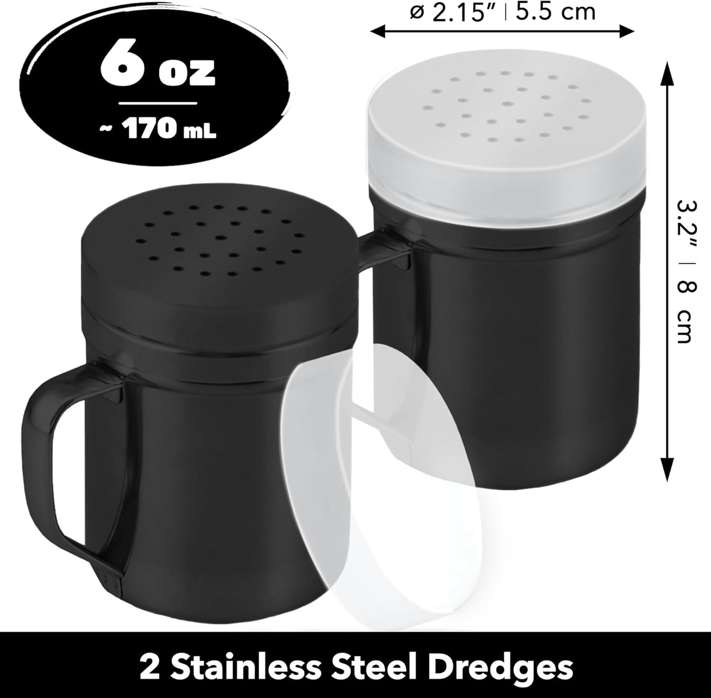 CUSINIUM Metal Salt Pepper Dredge Shakers - With Handle - Seasonings Spice Shakers With Holes and Lids - 10 Ounce, 2pcs | Style: Medium