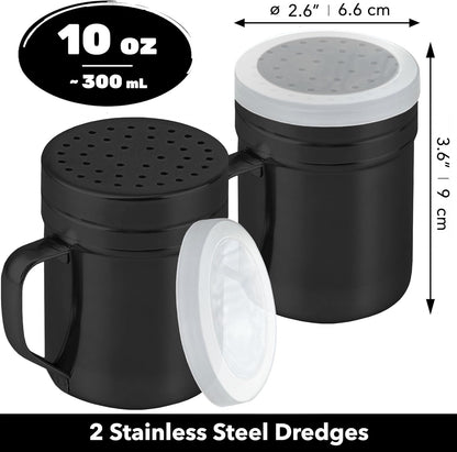CUSINIUM Metal Salt Pepper Dredge Shakers - With Handle - Seasonings Spice Shakers With Holes and Lids - 10 Ounce, 2pcs | Style: Medium