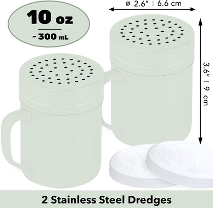 CUSINIUM Metal Salt Pepper Dredge Shakers - With Handle - Seasonings Spice Shakers With Holes and Lids - 10 Ounce, 2pcs | Style: Medium