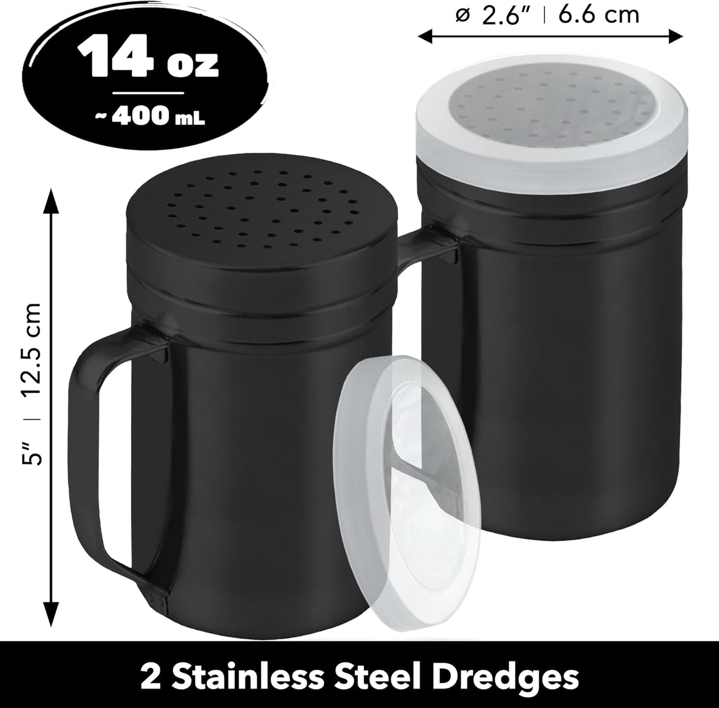 CUSINIUM Metal Salt Pepper Dredge Shakers - With Handle - Seasonings Spice Shakers With Holes and Lids - 10 Ounce, 2pcs | Style: Medium