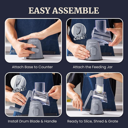 Rotary Cheese Grater, 3 Stainless Steel Blades, Suction Base