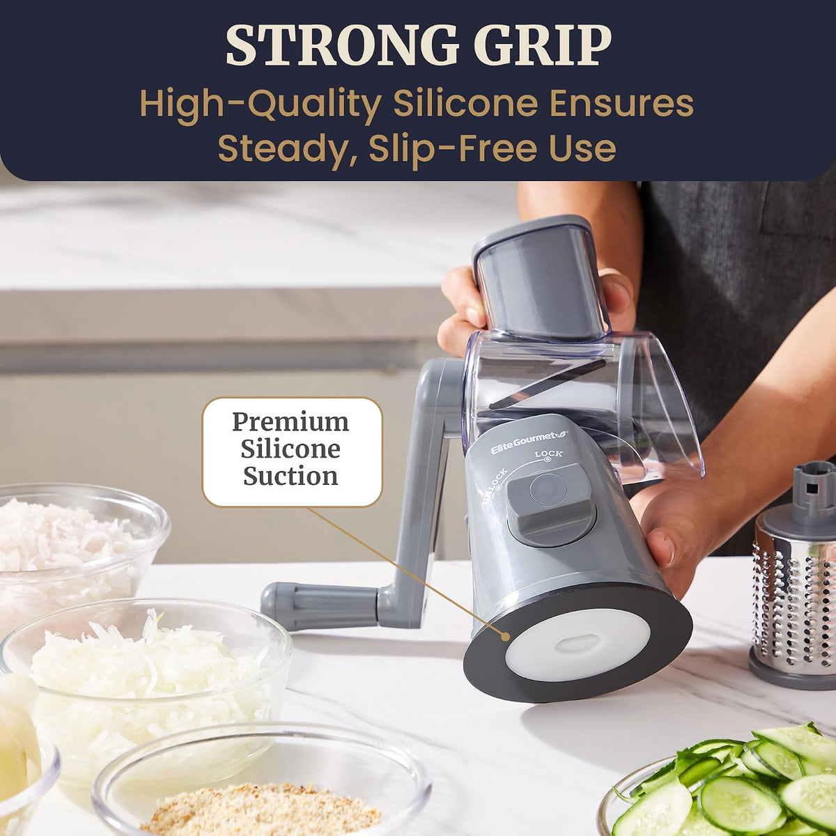 Rotary Cheese Grater, 3 Stainless Steel Blades, Suction Base