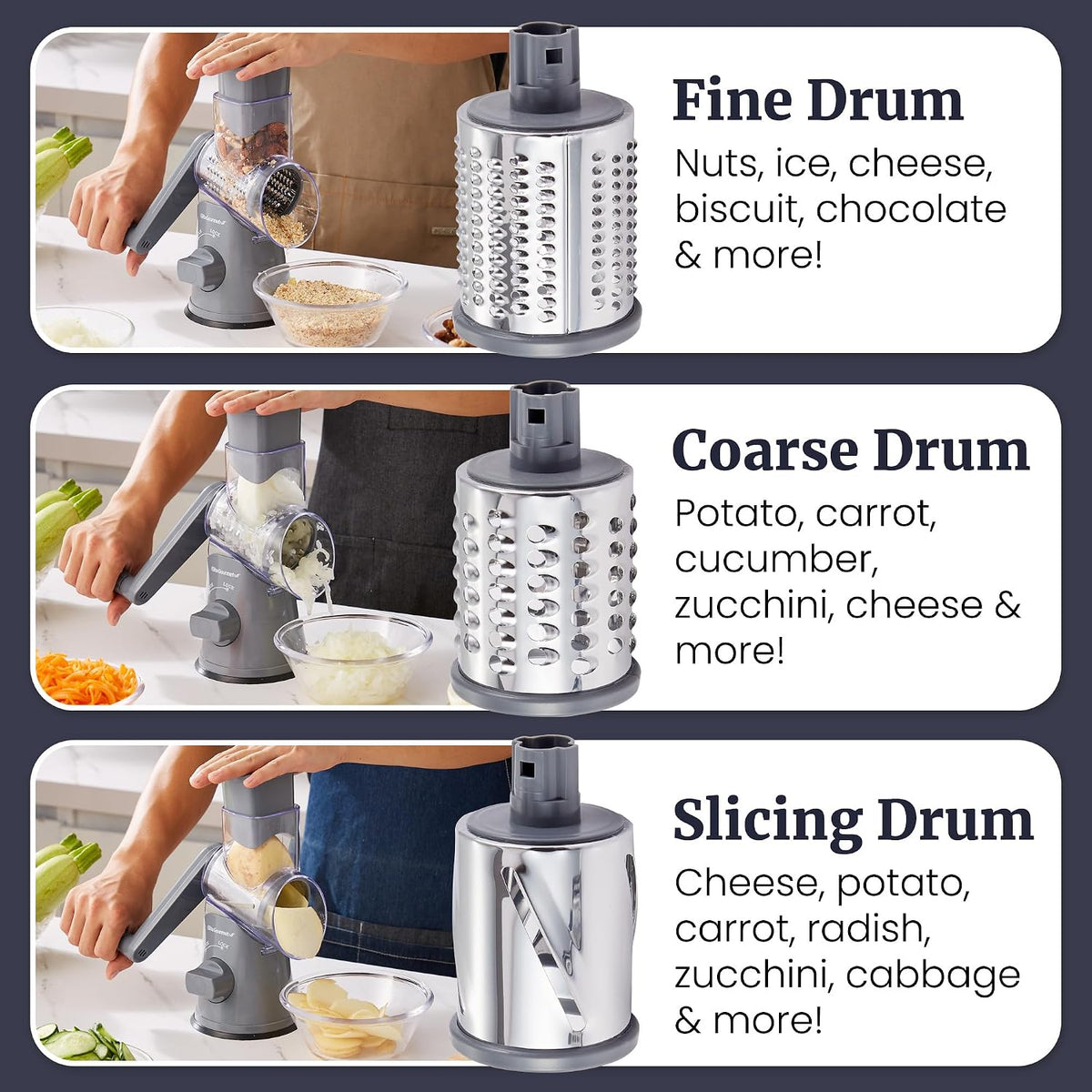 Rotary Cheese Grater, 3 Stainless Steel Blades, Suction Base