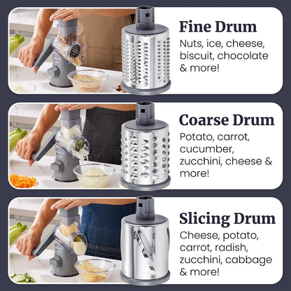 Rotary Cheese Grater, 3 Stainless Steel Blades, Suction Base