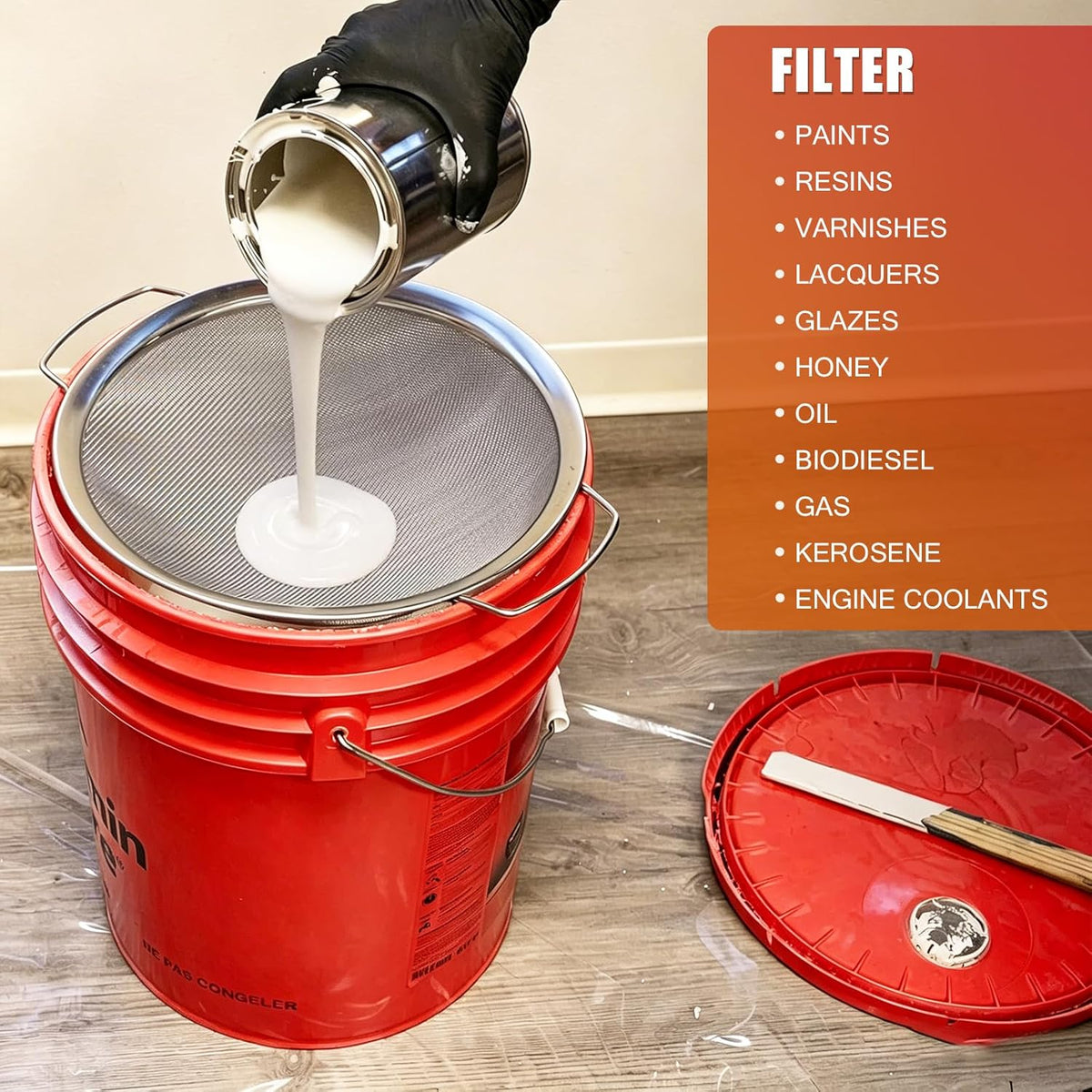 Fine Mesh Paint Strainer 60 Mesh Stainless Steel Paint Filter Emulsion Honey Funnel Filter Cover Fits 5 Gallon Paint Bucket Filter Tool Insert Strains