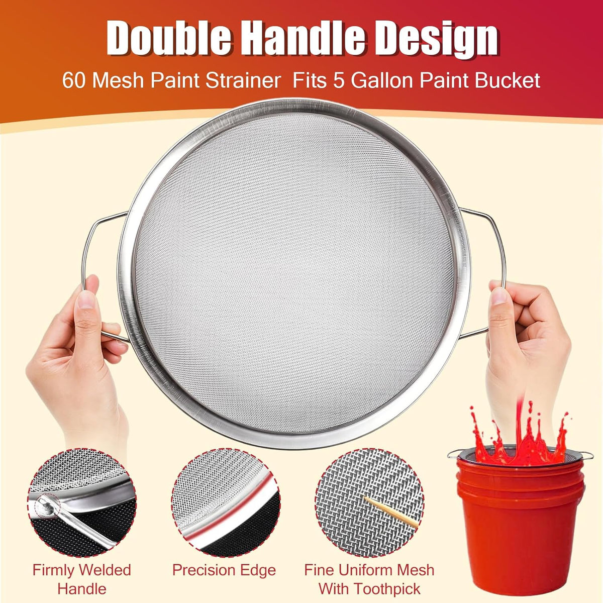 Fine Mesh Paint Strainer 60 Mesh Stainless Steel Paint Filter Emulsion Honey Funnel Filter Cover Fits 5 Gallon Paint Bucket Filter Tool Insert Strains