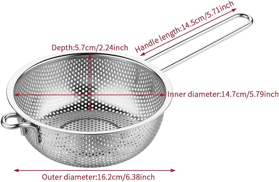 Stainless Steel Colander with Handle, 6.38Inch Fine Mesh Strainer Kitchen Food Strainer, Large Metal Colander Great for Pasta, Noodles, Vegetables and Fruits