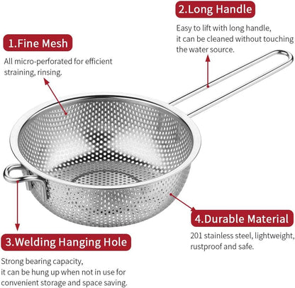 Stainless Steel Colander with Handle, 6.38Inch Fine Mesh Strainer Kitchen Food Strainer, Large Metal Colander Great for Pasta, Noodles, Vegetables and Fruits