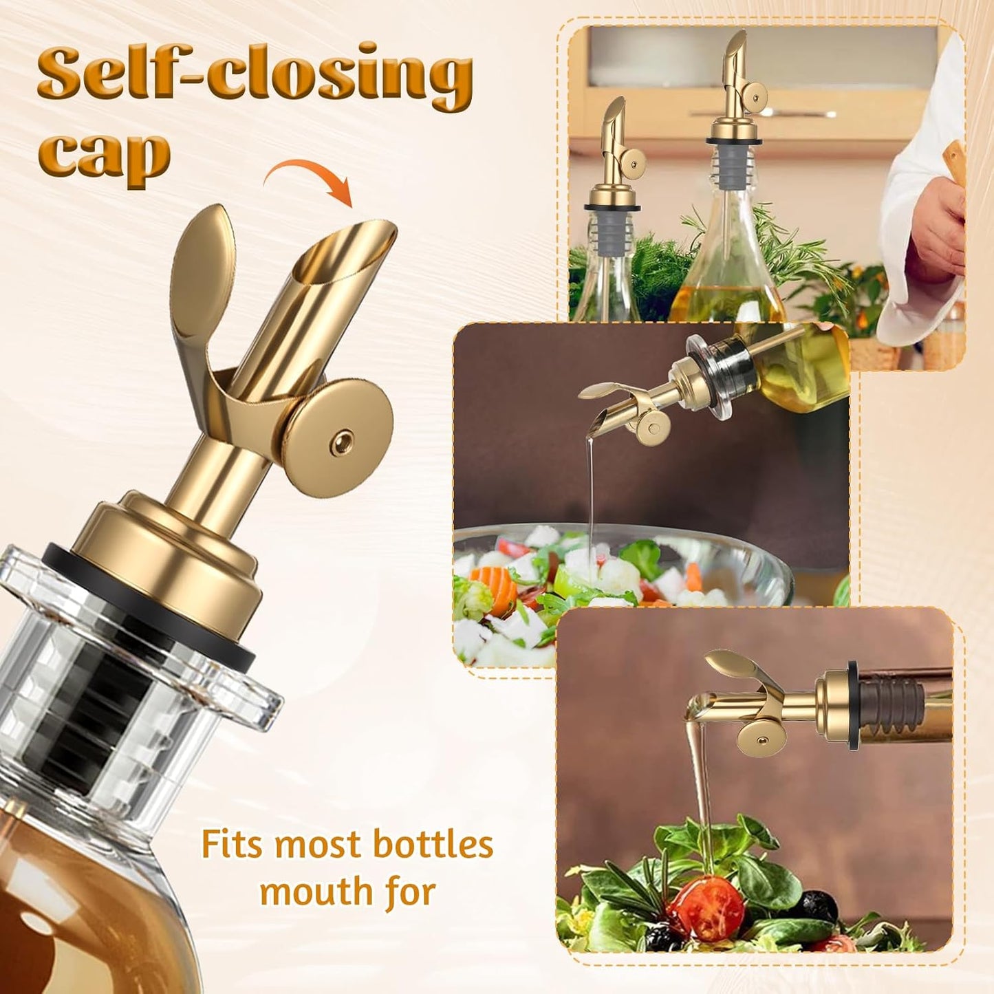 2 PCS Weighted Stainless Steel Bottle Pourers, Olive Oil Dispenser Spout, Self Closing Liquor Pour Spout, Weighted Pourer for Liquor Bottles, Oil Bottles, Vinegar, Syrup and Alcohol, Gold