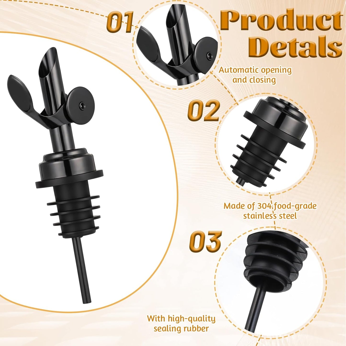 2 PCS Weighted Stainless Steel Bottle Pourers, Olive Oil Dispenser Spout, Self Closing Liquor Pour Spout, Weighted Pourer for Liquor Bottles, Oil Bottles, Vinegar, Syrup and Alcohol, Gold