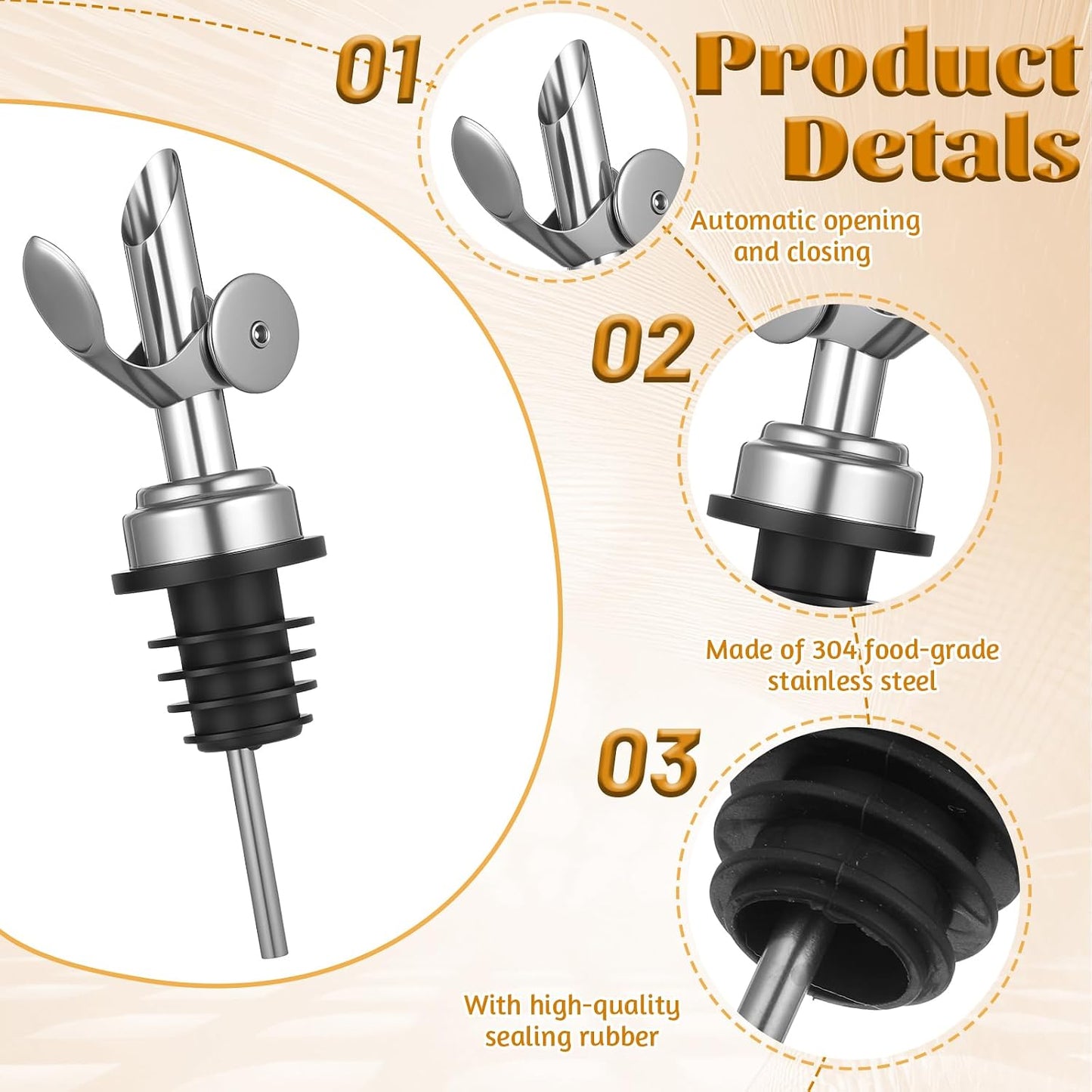 2 PCS Weighted Stainless Steel Bottle Pourers, Olive Oil Dispenser Spout, Self Closing Liquor Pour Spout, Weighted Pourer for Liquor Bottles, Oil Bottles, Vinegar, Syrup and Alcohol, Gold