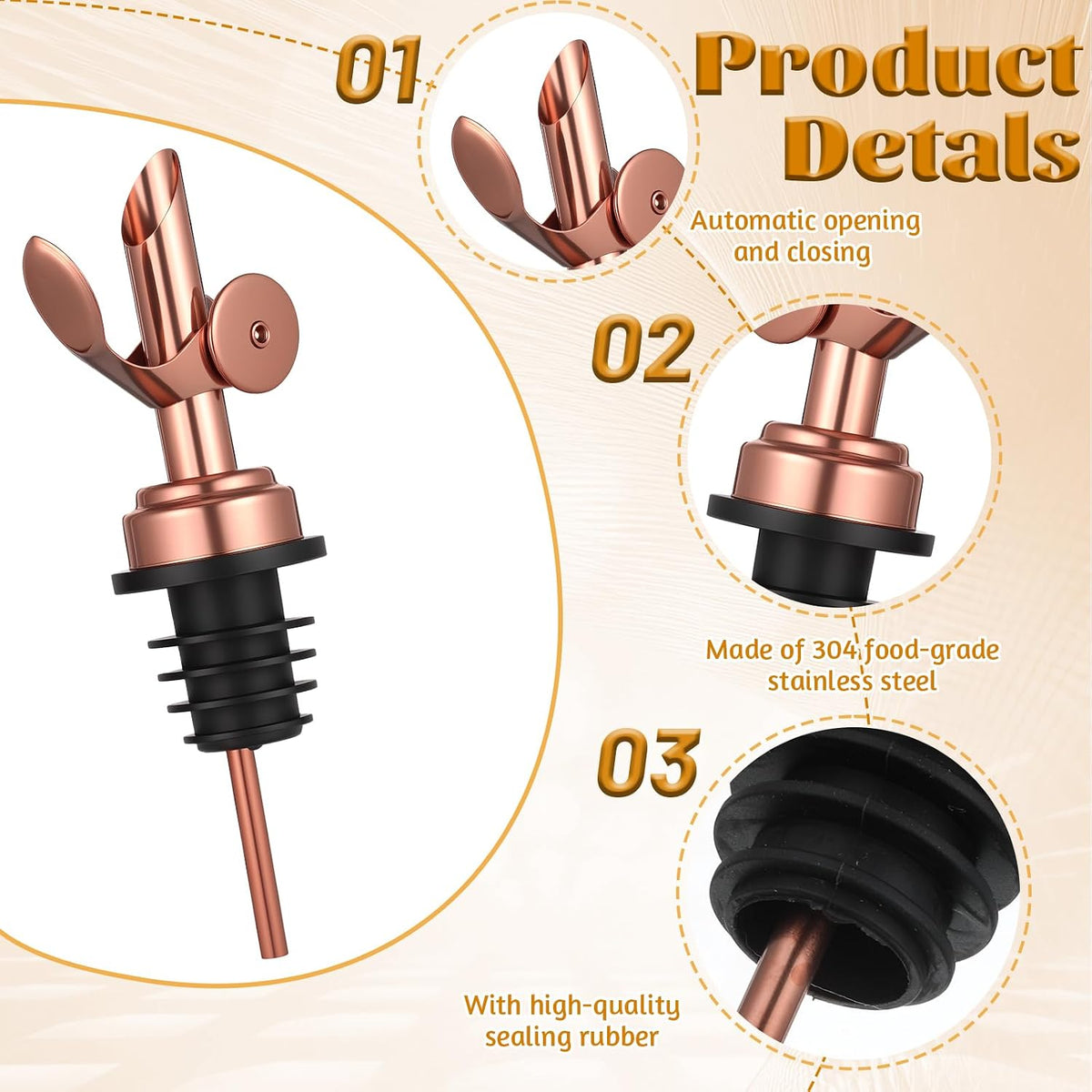 2 PCS Weighted Stainless Steel Bottle Pourers, Olive Oil Dispenser Spout, Self Closing Liquor Pour Spout, Weighted Pourer for Liquor Bottles, Oil Bottles, Vinegar, Syrup and Alcohol, Gold