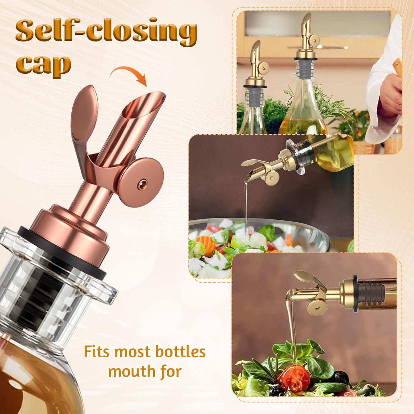 2 PCS Weighted Stainless Steel Bottle Pourers, Olive Oil Dispenser Spout, Self Closing Liquor Pour Spout, Weighted Pourer for Liquor Bottles, Oil Bottles, Vinegar, Syrup and Alcohol, Gold