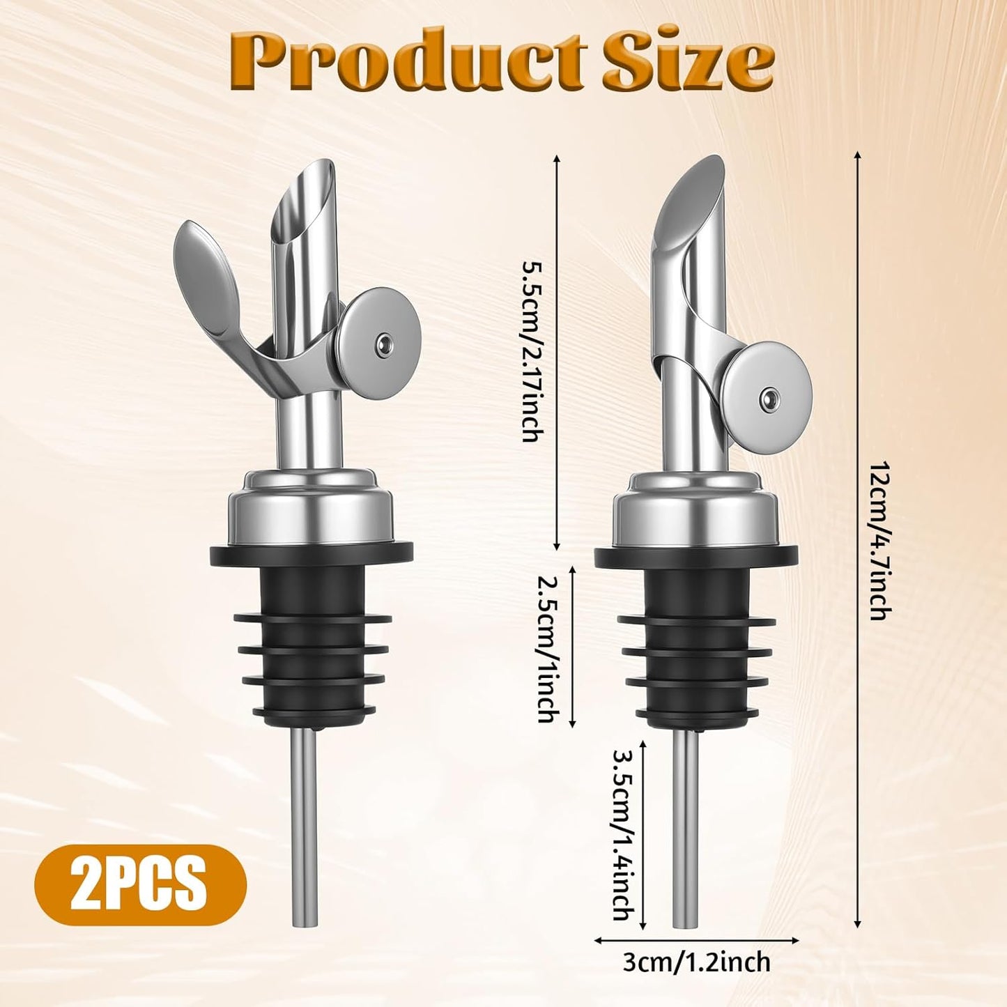 2 PCS Weighted Stainless Steel Bottle Pourers, Olive Oil Dispenser Spout, Self Closing Liquor Pour Spout, Weighted Pourer for Liquor Bottles, Oil Bottles, Vinegar, Syrup and Alcohol, Gold