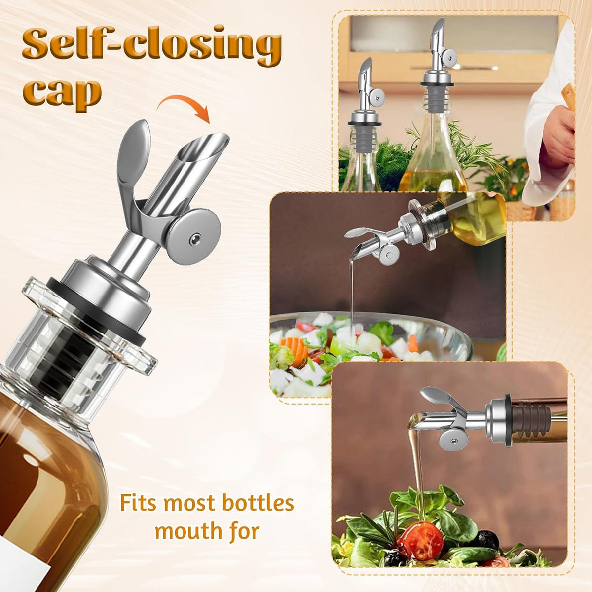 2 PCS Weighted Stainless Steel Bottle Pourers, Olive Oil Dispenser Spout, Self Closing Liquor Pour Spout, Weighted Pourer for Liquor Bottles, Oil Bottles, Vinegar, Syrup and Alcohol, Gold