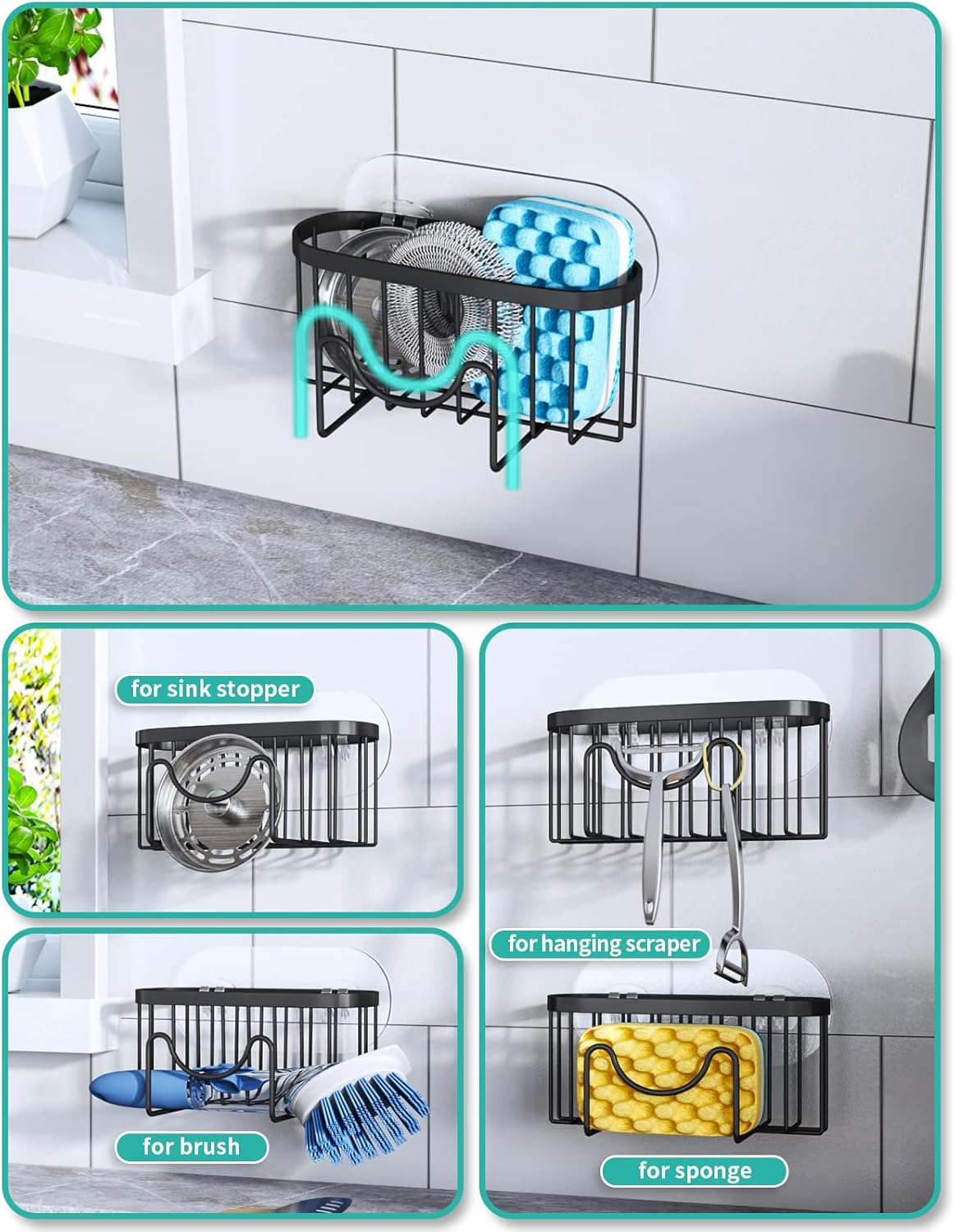 Multifunctional Sponge Holder with Unique M-Shaped, 2 Installation Methods Kitchen Sink Caddy Organizer, Rustproof Stainless Steel Kitchen Organizers and Storage Essentials - Black