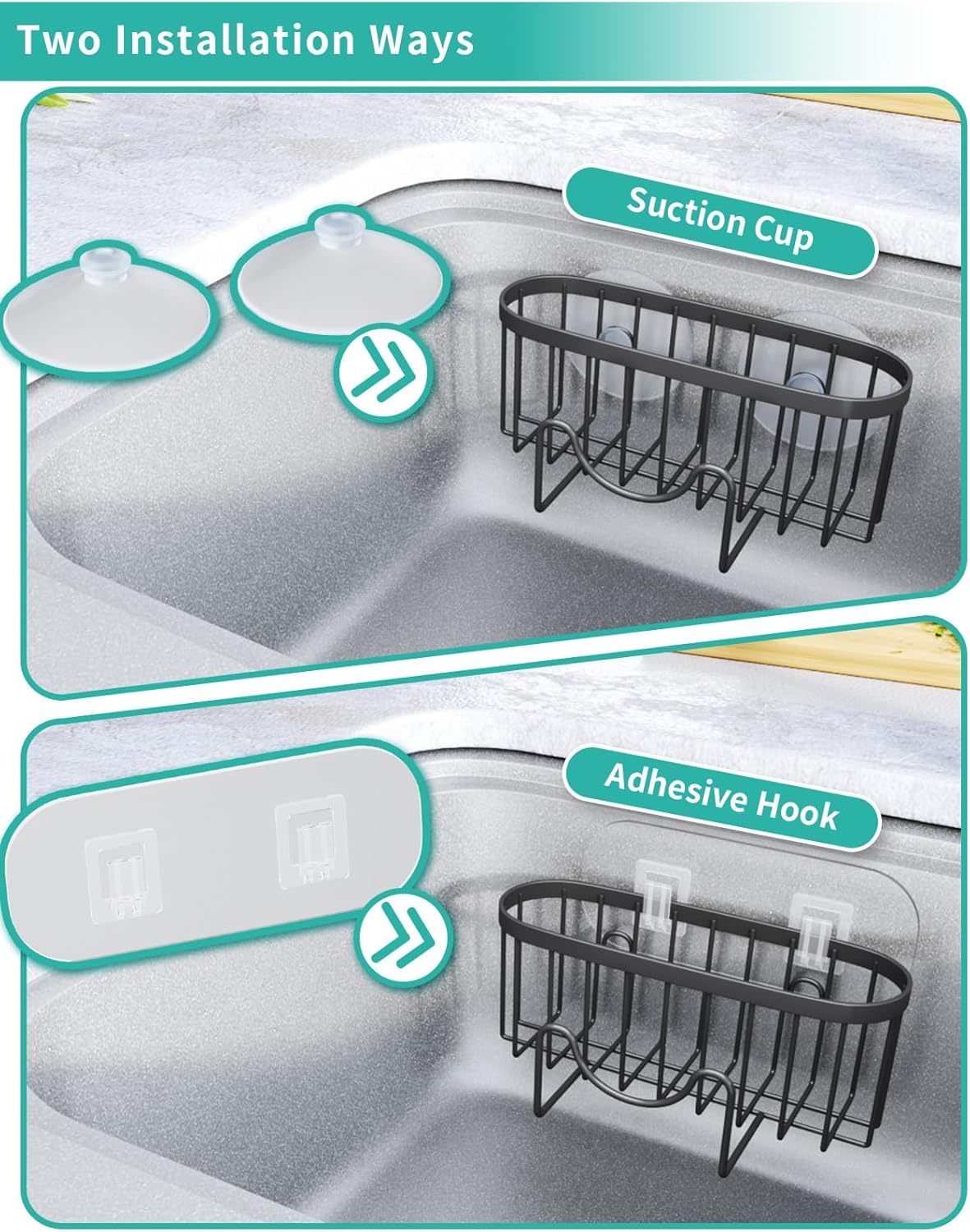 Multifunctional Sponge Holder with Unique M-Shaped, 2 Installation Methods Kitchen Sink Caddy Organizer, Rustproof Stainless Steel Kitchen Organizers and Storage Essentials - Black