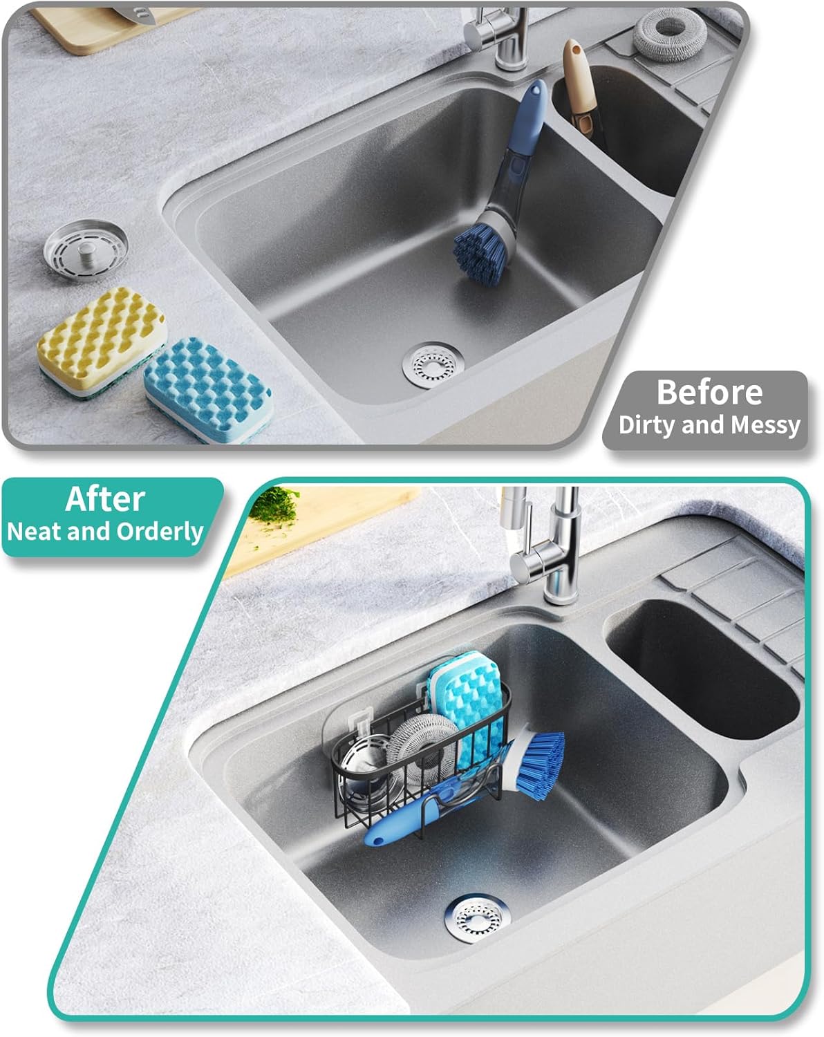 Multifunctional Sponge Holder with Unique M-Shaped, 2 Installation Methods Kitchen Sink Caddy Organizer, Rustproof Stainless Steel Kitchen Organizers and Storage Essentials - Black