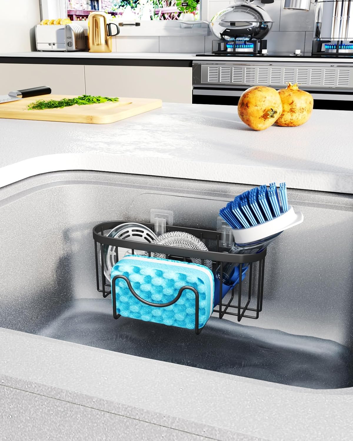 Multifunctional Sponge Holder with Unique M-Shaped, 2 Installation Methods Kitchen Sink Caddy Organizer, Rustproof Stainless Steel Kitchen Organizers and Storage Essentials - Black