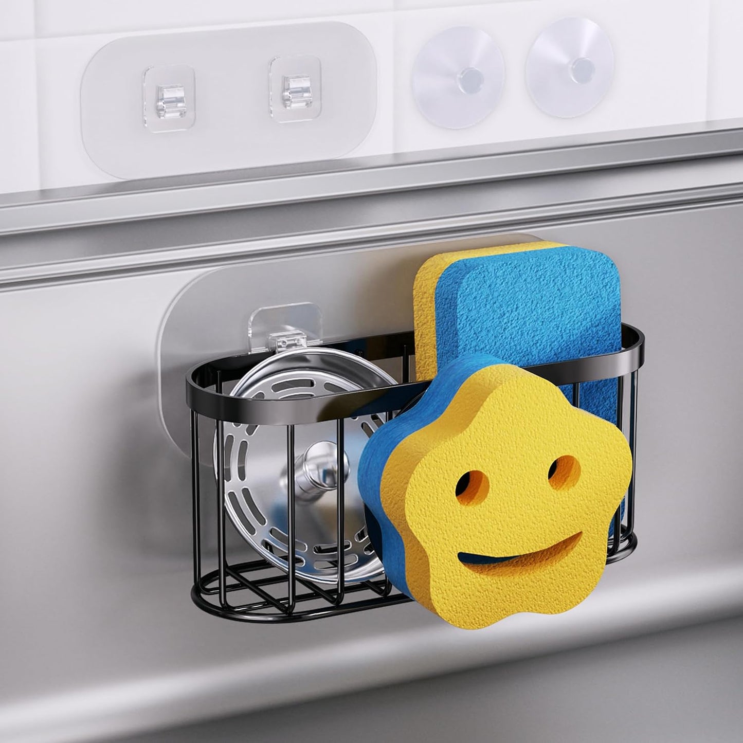 Multifunctional Sponge Holder with Unique M-Shaped, 2 Installation Methods Kitchen Sink Caddy Organizer, Rustproof Stainless Steel Kitchen Organizers and Storage Essentials - Black