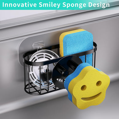 Multifunctional Sponge Holder with Unique M-Shaped, 2 Installation Methods Kitchen Sink Caddy Organizer, Rustproof Stainless Steel Kitchen Organizers and Storage Essentials - Black