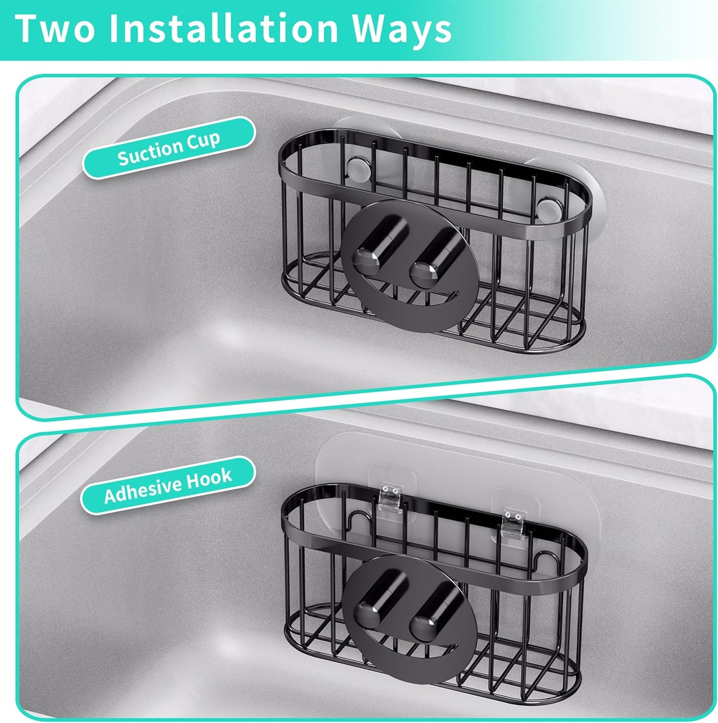 Multifunctional Sponge Holder with Unique M-Shaped, 2 Installation Methods Kitchen Sink Caddy Organizer, Rustproof Stainless Steel Kitchen Organizers and Storage Essentials - Black