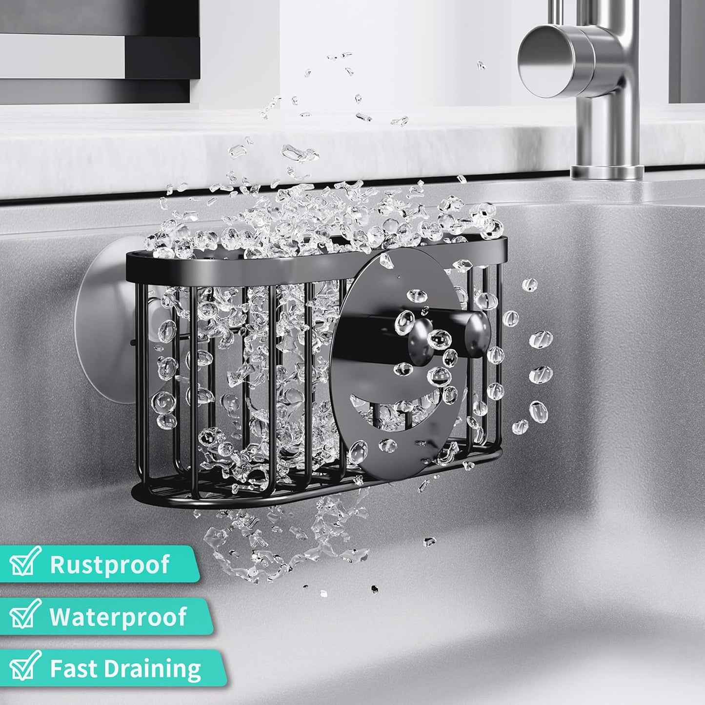 Multifunctional Sponge Holder with Unique M-Shaped, 2 Installation Methods Kitchen Sink Caddy Organizer, Rustproof Stainless Steel Kitchen Organizers and Storage Essentials - Black