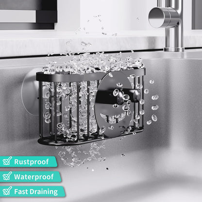 Multifunctional Sponge Holder with Unique M-Shaped, 2 Installation Methods Kitchen Sink Caddy Organizer, Rustproof Stainless Steel Kitchen Organizers and Storage Essentials - Black