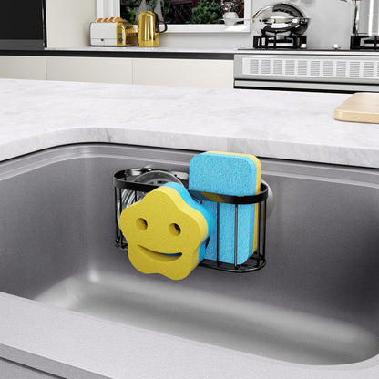 Multifunctional Sponge Holder with Unique M-Shaped, 2 Installation Methods Kitchen Sink Caddy Organizer, Rustproof Stainless Steel Kitchen Organizers and Storage Essentials - Black