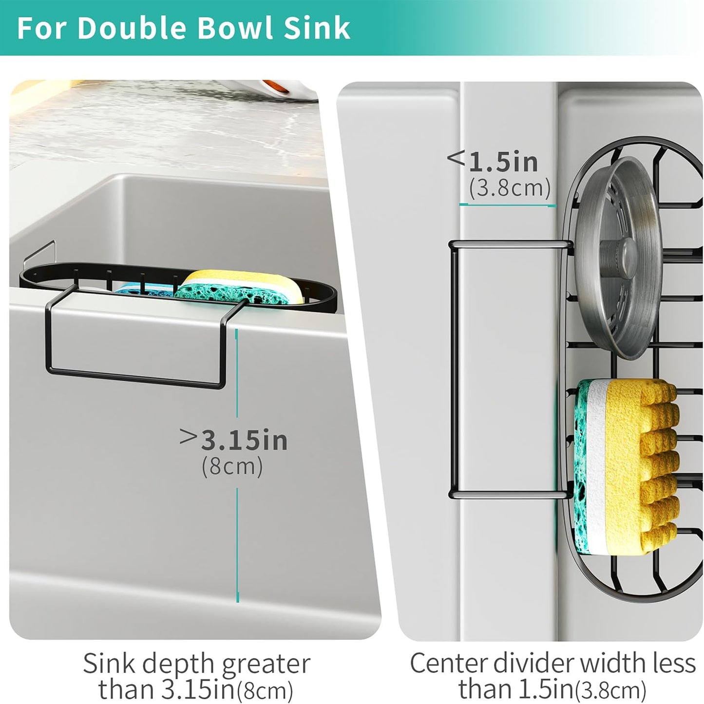 Multifunctional Sponge Holder with Unique M-Shaped, 2 Installation Methods Kitchen Sink Caddy Organizer, Rustproof Stainless Steel Kitchen Organizers and Storage Essentials - Black