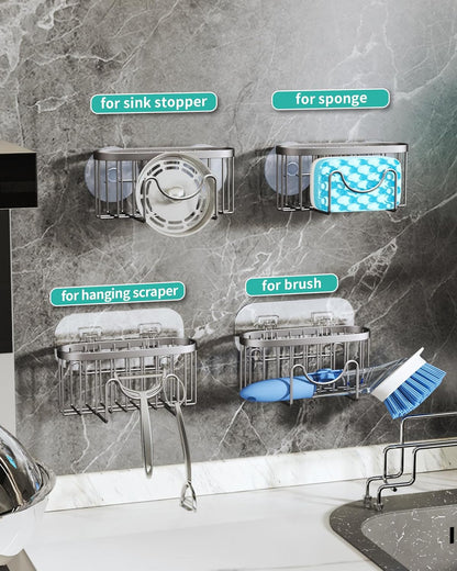 Multifunctional Sponge Holder with Unique M-Shaped, 2 Installation Methods Kitchen Sink Caddy Organizer, Rustproof Stainless Steel Kitchen Organizers and Storage Essentials - Black