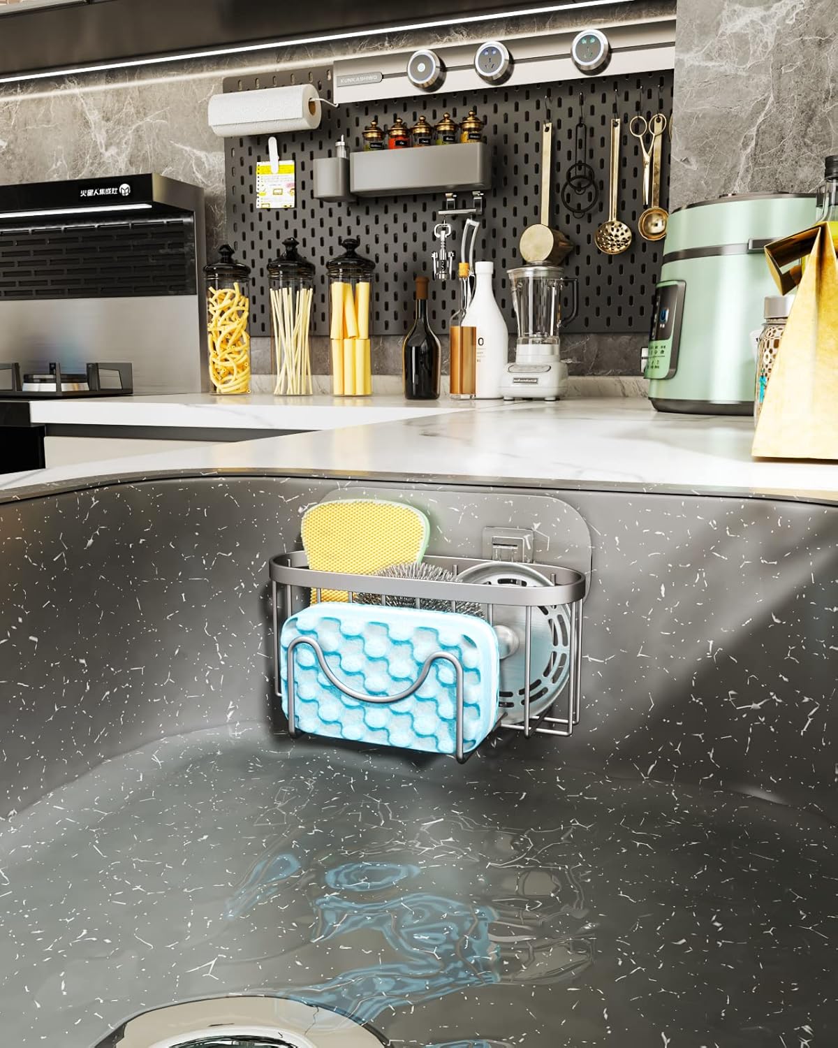 Multifunctional Sponge Holder with Unique M-Shaped, 2 Installation Methods Kitchen Sink Caddy Organizer, Rustproof Stainless Steel Kitchen Organizers and Storage Essentials - Black
