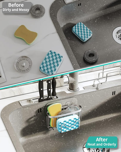 Multifunctional Sponge Holder with Unique M-Shaped, 2 Installation Methods Kitchen Sink Caddy Organizer, Rustproof Stainless Steel Kitchen Organizers and Storage Essentials - Black