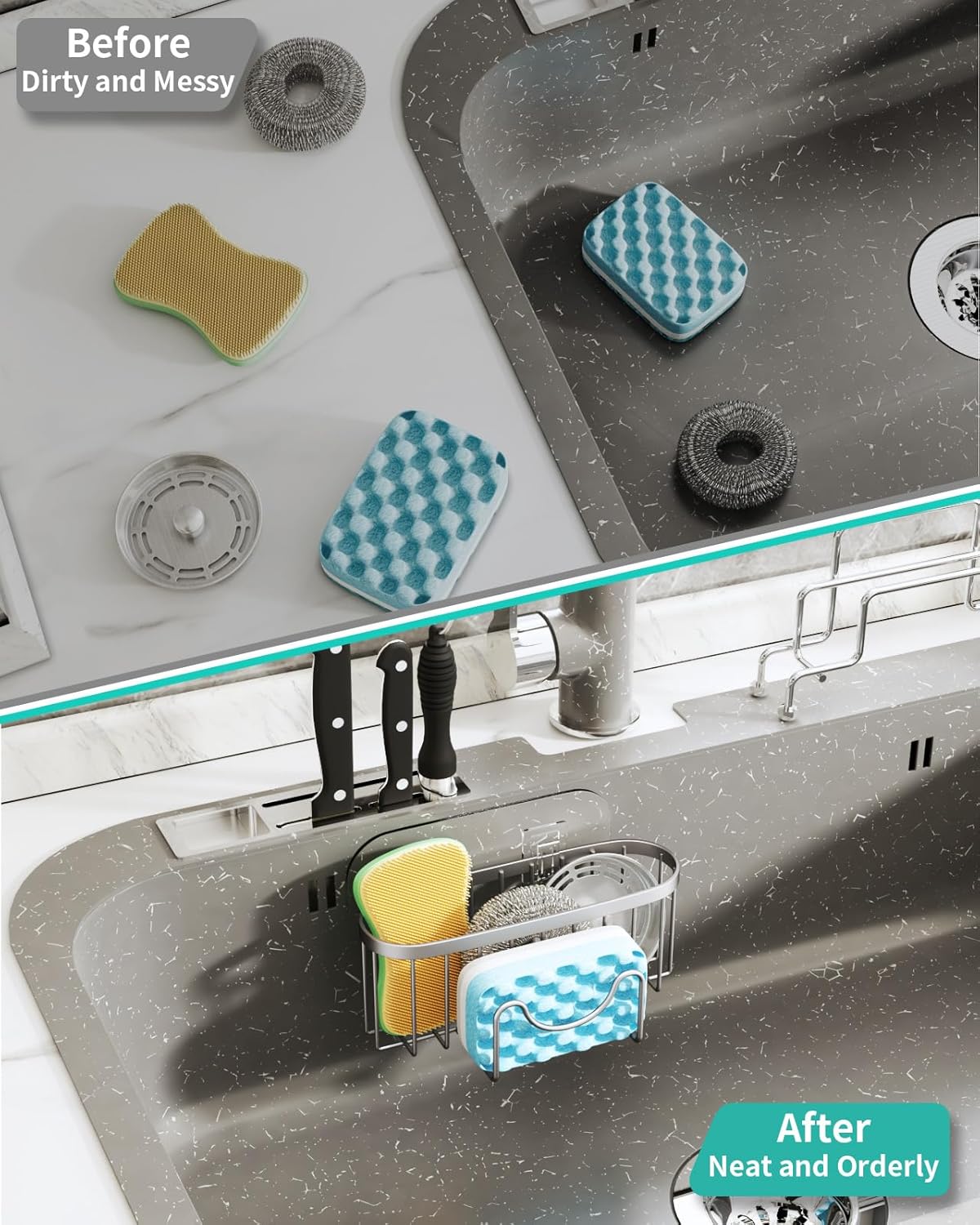 Multifunctional Sponge Holder with Unique M-Shaped, 2 Installation Methods Kitchen Sink Caddy Organizer, Rustproof Stainless Steel Kitchen Organizers and Storage Essentials - Black