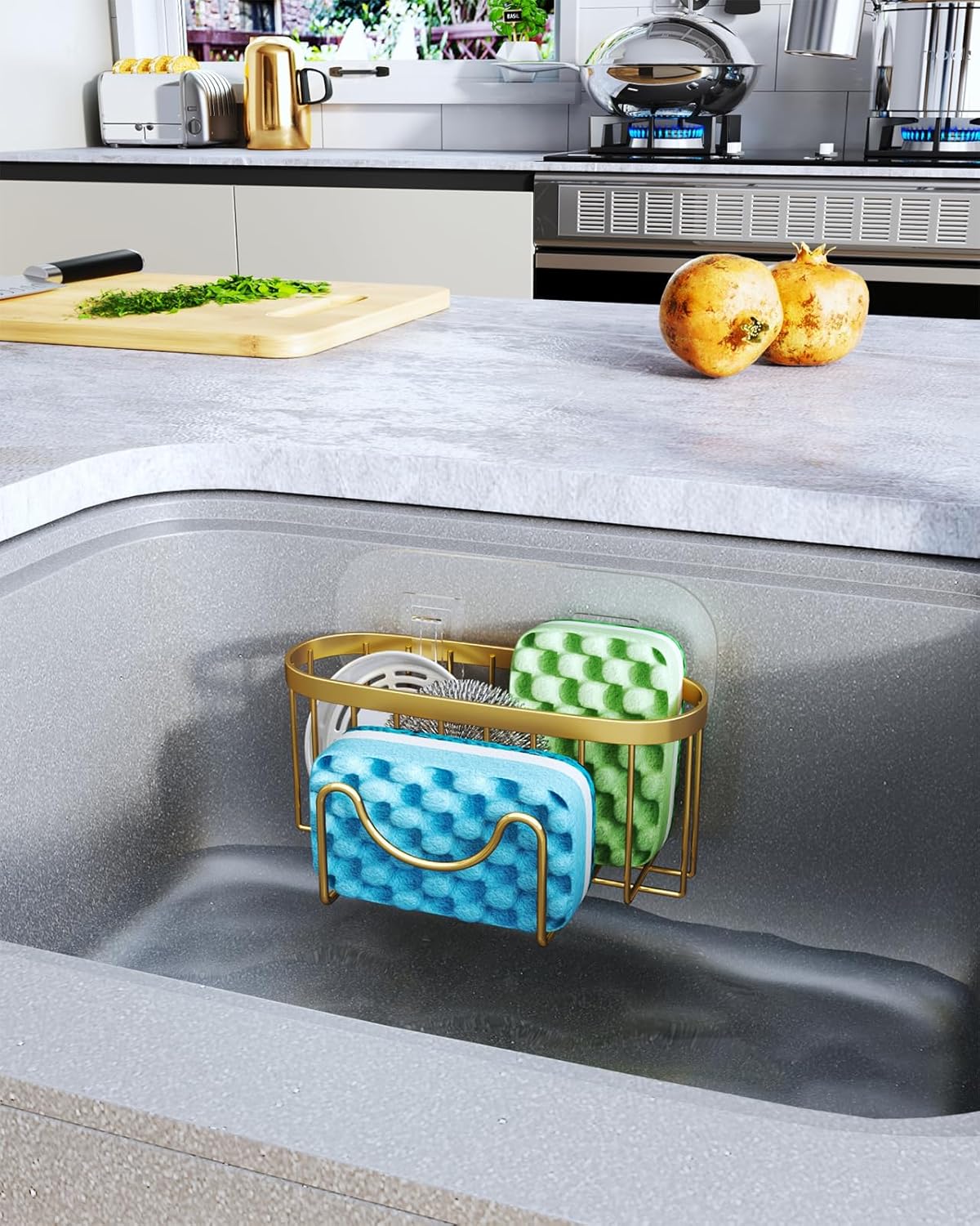 Multifunctional Sponge Holder with Unique M-Shaped, 2 Installation Methods Kitchen Sink Caddy Organizer, Rustproof Stainless Steel Kitchen Organizers and Storage Essentials - Black