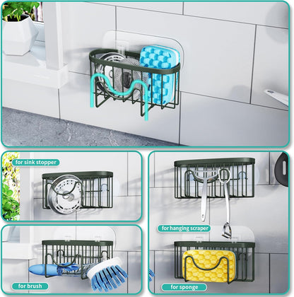 Multifunctional Sponge Holder with Unique M-Shaped, 2 Installation Methods Kitchen Sink Caddy Organizer, Rustproof Stainless Steel Kitchen Organizers and Storage Essentials - Black