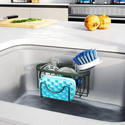 Multifunctional Sponge Holder with Unique M-Shaped, 2 Installation Methods Kitchen Sink Caddy Organizer, Rustproof Stainless Steel Kitchen Organizers and Storage Essentials - Black