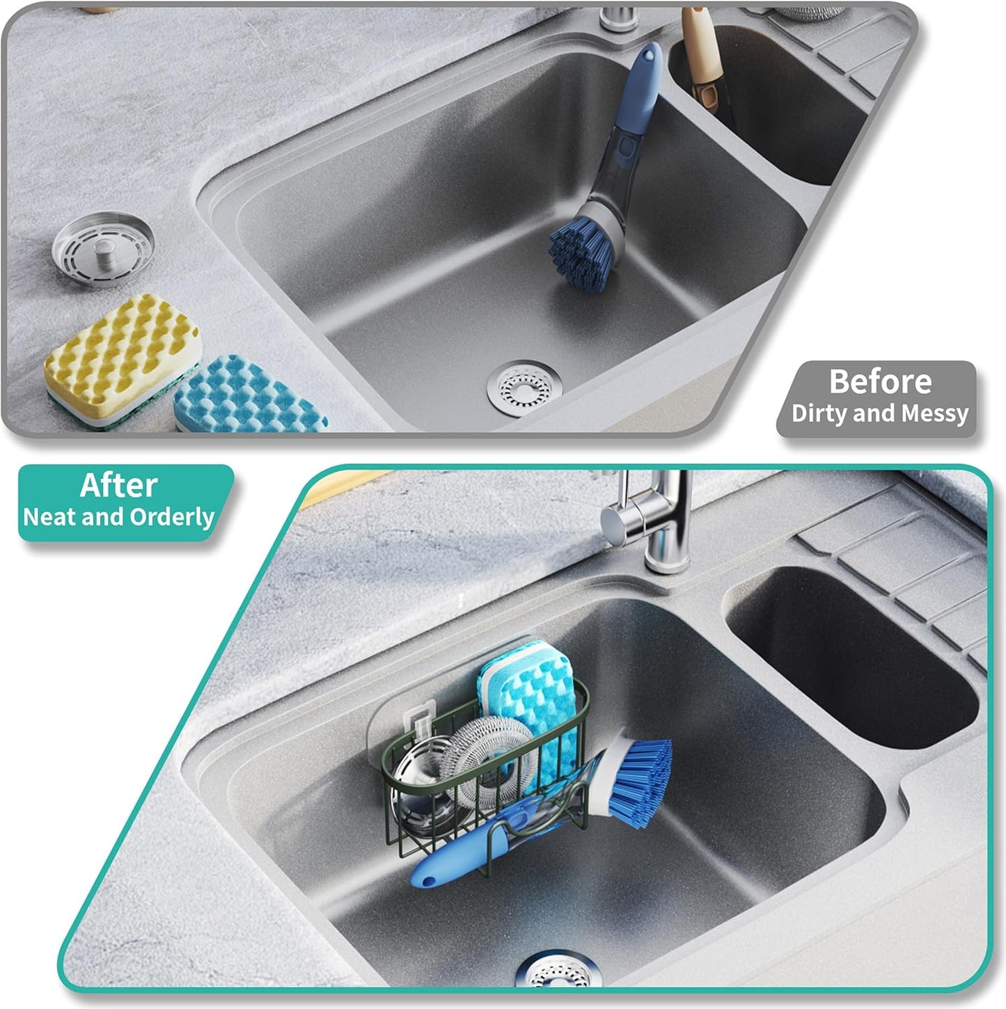 Multifunctional Sponge Holder with Unique M-Shaped, 2 Installation Methods Kitchen Sink Caddy Organizer, Rustproof Stainless Steel Kitchen Organizers and Storage Essentials - Black