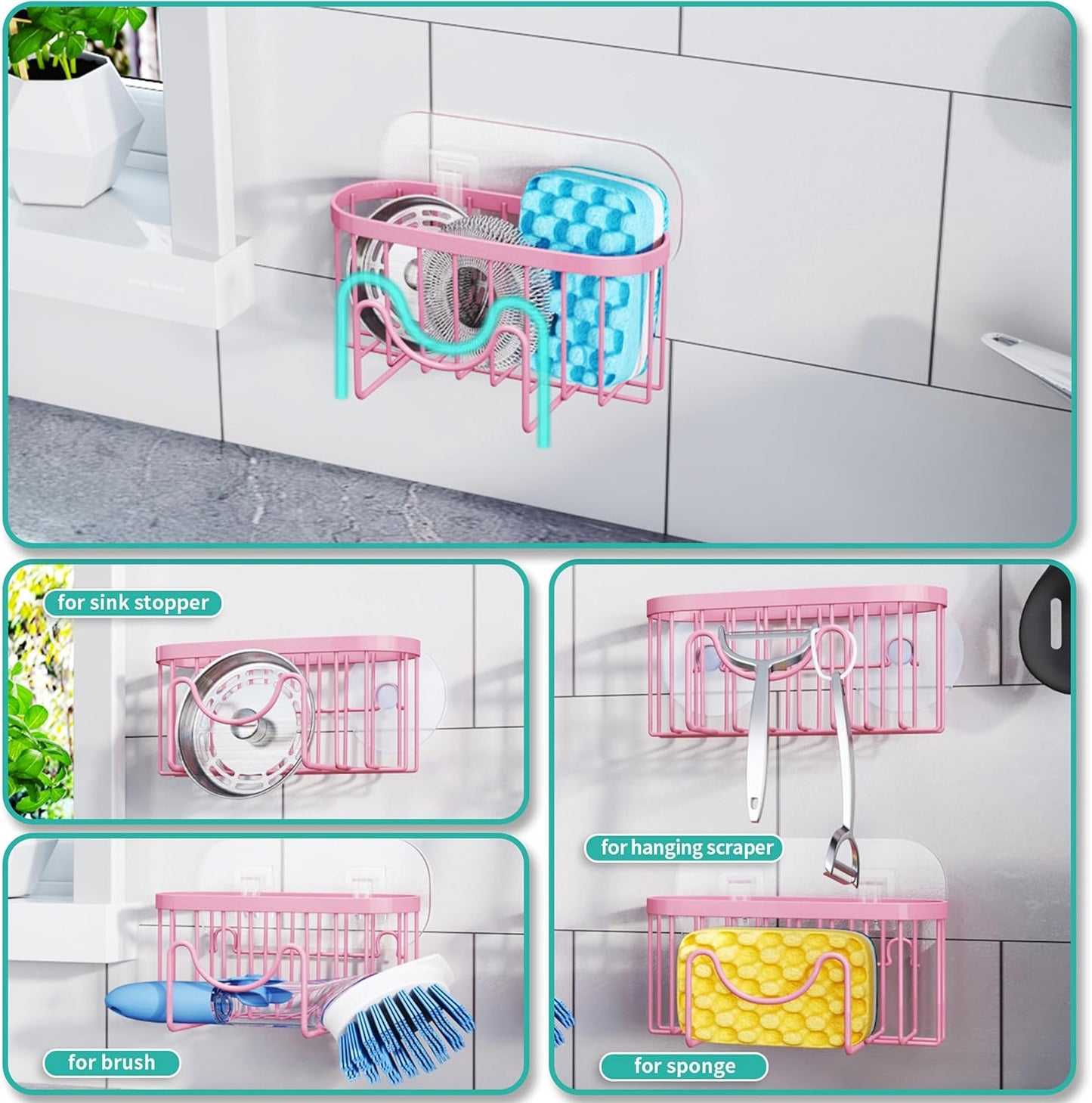 Multifunctional Sponge Holder with Unique M-Shaped, 2 Installation Methods Kitchen Sink Caddy Organizer, Rustproof Stainless Steel Kitchen Organizers and Storage Essentials - Black