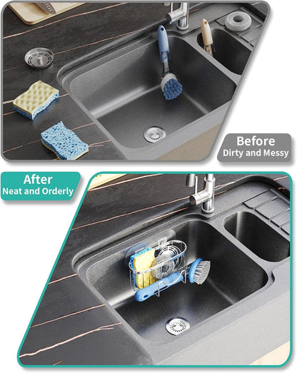 Multifunctional Sponge Holder with Unique M-Shaped, 2 Installation Methods Kitchen Sink Caddy Organizer, Rustproof Stainless Steel Kitchen Organizers and Storage Essentials - Black