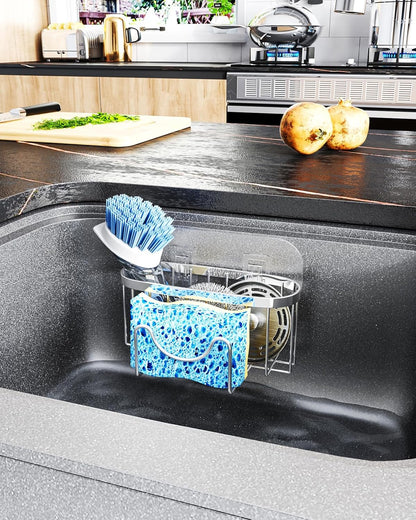 Multifunctional Sponge Holder with Unique M-Shaped, 2 Installation Methods Kitchen Sink Caddy Organizer, Rustproof Stainless Steel Kitchen Organizers and Storage Essentials - Black