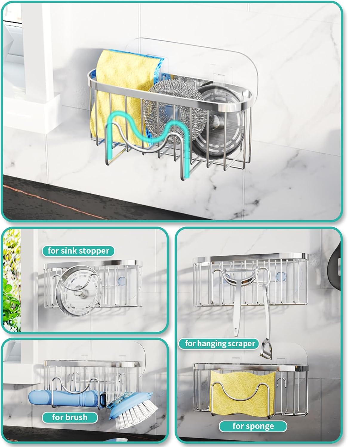 Multifunctional Sponge Holder with Unique M-Shaped, 2 Installation Methods Kitchen Sink Caddy Organizer, Rustproof Stainless Steel Kitchen Organizers and Storage Essentials - Black