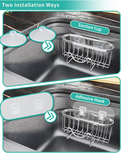Multifunctional Sponge Holder with Unique M-Shaped, 2 Installation Methods Kitchen Sink Caddy Organizer, Rustproof Stainless Steel Kitchen Organizers and Storage Essentials - Black