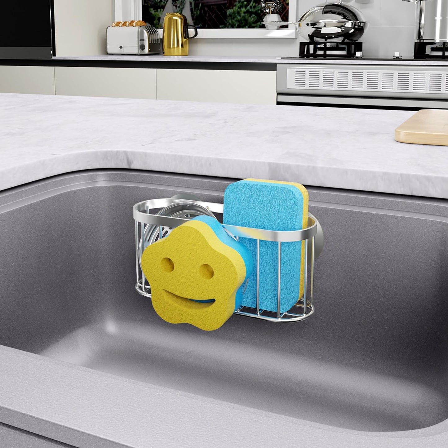 Multifunctional Sponge Holder with Unique M-Shaped, 2 Installation Methods Kitchen Sink Caddy Organizer, Rustproof Stainless Steel Kitchen Organizers and Storage Essentials - Black