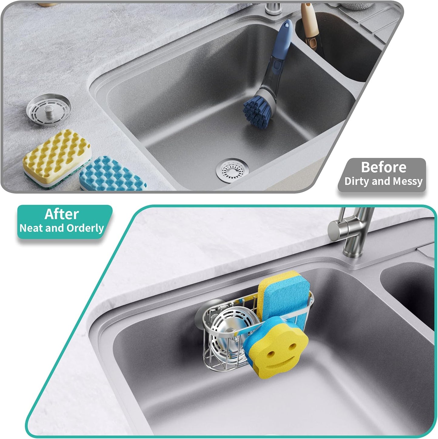Multifunctional Sponge Holder with Unique M-Shaped, 2 Installation Methods Kitchen Sink Caddy Organizer, Rustproof Stainless Steel Kitchen Organizers and Storage Essentials - Black