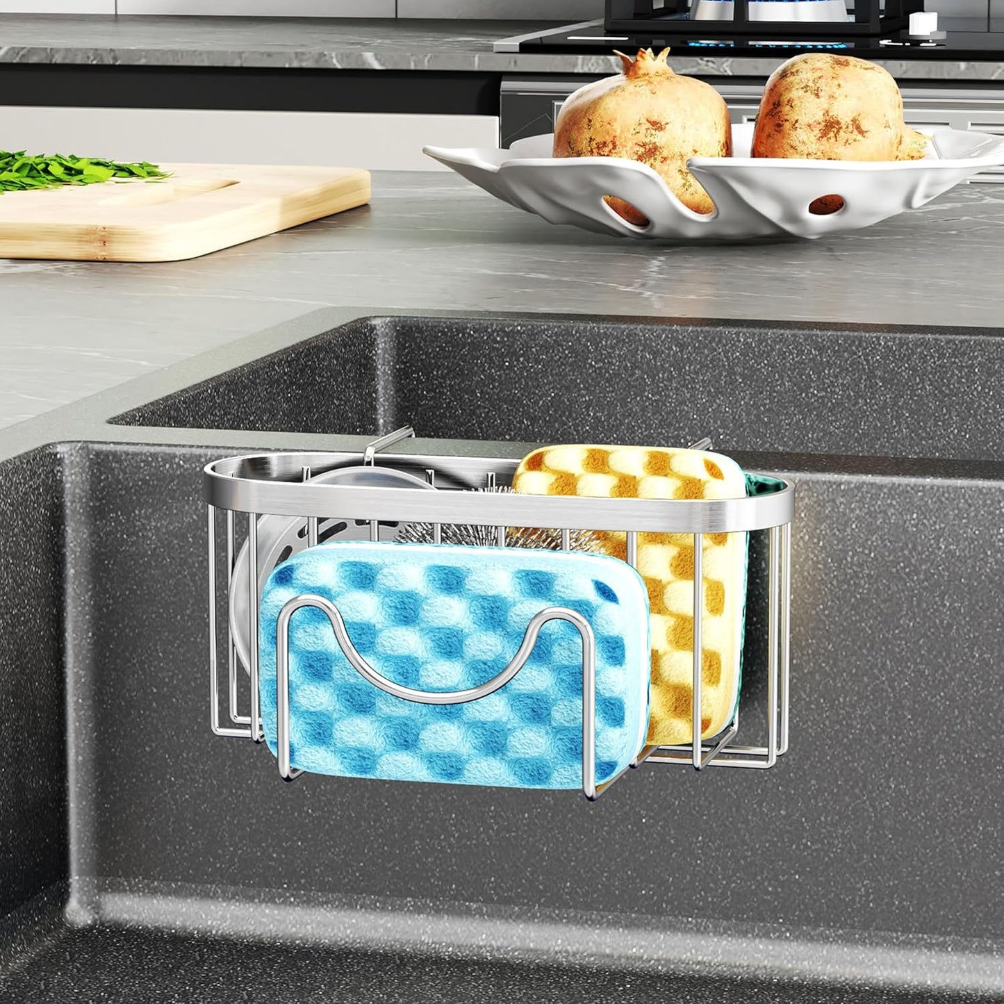 Multifunctional Sponge Holder with Unique M-Shaped, 2 Installation Methods Kitchen Sink Caddy Organizer, Rustproof Stainless Steel Kitchen Organizers and Storage Essentials - Black