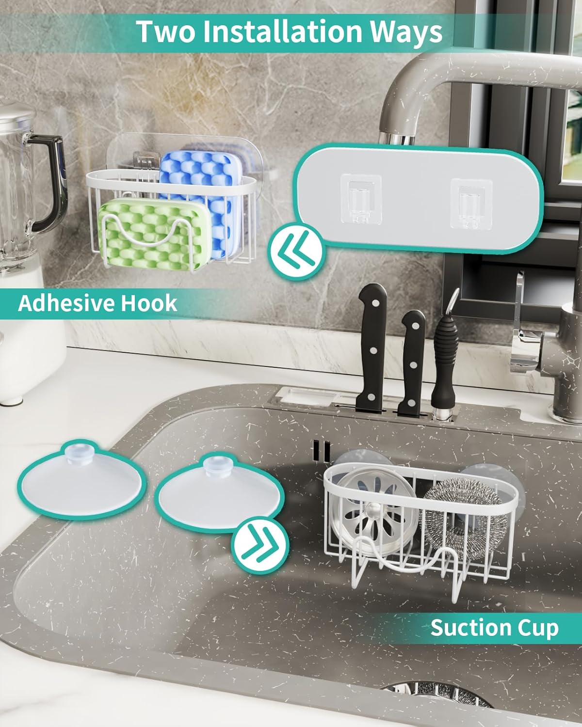 Multifunctional Sponge Holder with Unique M-Shaped, 2 Installation Methods Kitchen Sink Caddy Organizer, Rustproof Stainless Steel Kitchen Organizers and Storage Essentials - Black