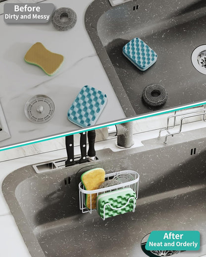 Multifunctional Sponge Holder with Unique M-Shaped, 2 Installation Methods Kitchen Sink Caddy Organizer, Rustproof Stainless Steel Kitchen Organizers and Storage Essentials - Black
