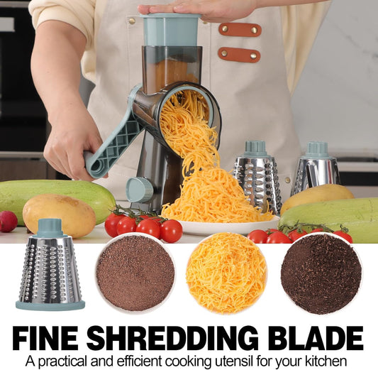 Cheese Grater Cheese Shredder with 3 Interchangeable Blades, Rotary Cheese Grater Manual Vegetable Slicer with Non-slip Suction Base Peanut Nuts Grinder Vegetable Shredder Clear